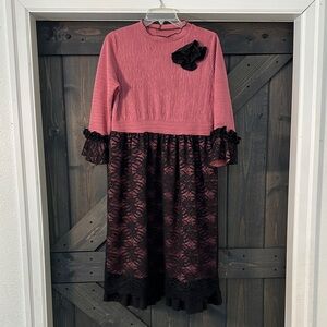 Pink and Black Lace Midi Dress with Floral Accent